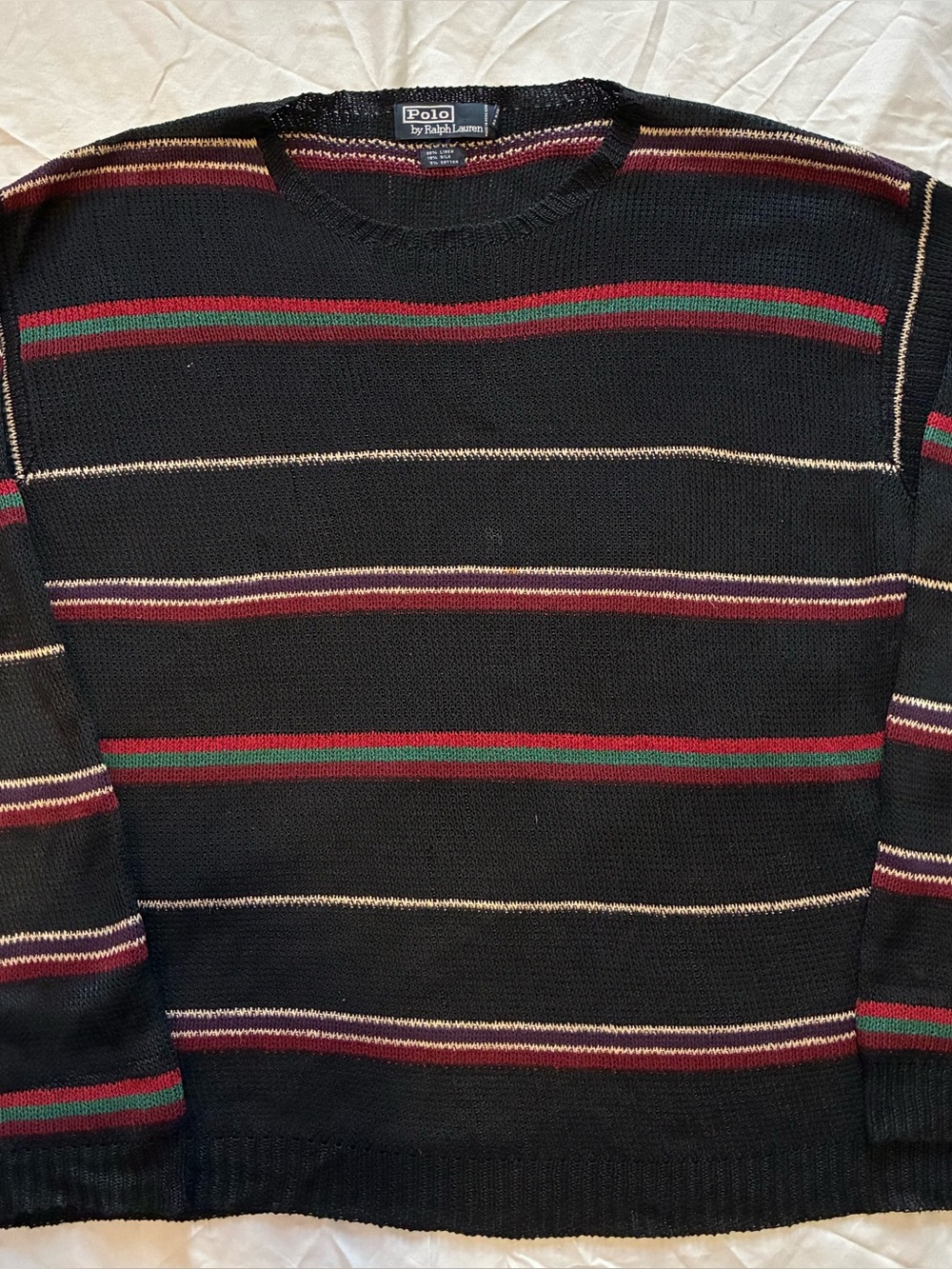 Vintage 90’s Polo Ralph Lauren Black Sweater with Red, Purple & Green Stripes